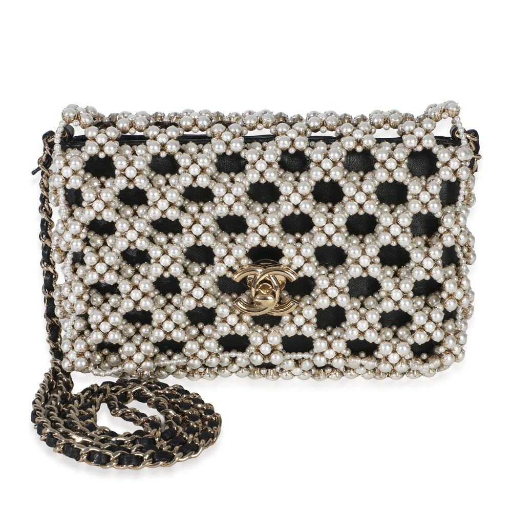 Chanel Black Gold Metal Pearl Embellished Mini Flap Bag